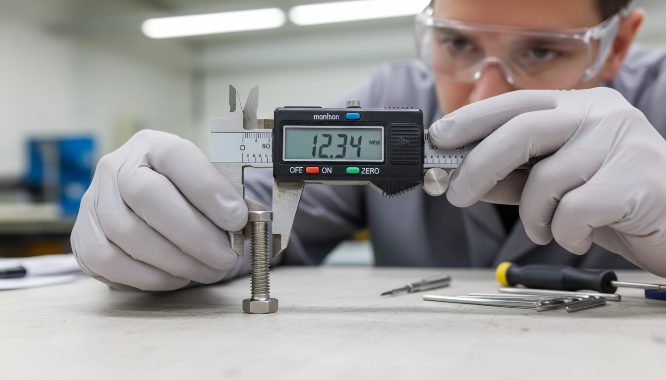 تکنسین در حال اندازه‌گیری دقیق قطعه مکانیکی با کولیس دیجیتال یا میکرومتر در کارگاه