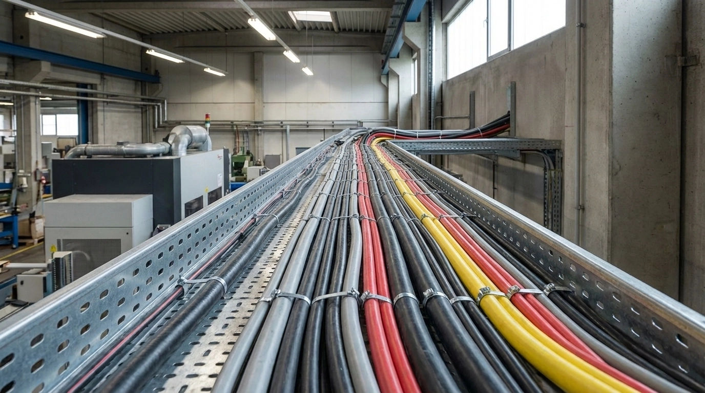 کابلهای برق قدرت مسی و آلومینیومی نصب شده روی سینی کابل در کارخانه صنعتی