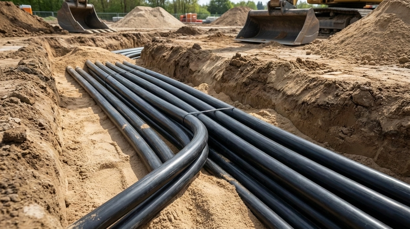 کابلهای قدرت مفتولی (زمینی) با غلاف مقاوم در حال دفن در ترانشه برای انتقال برق زیرزمینی