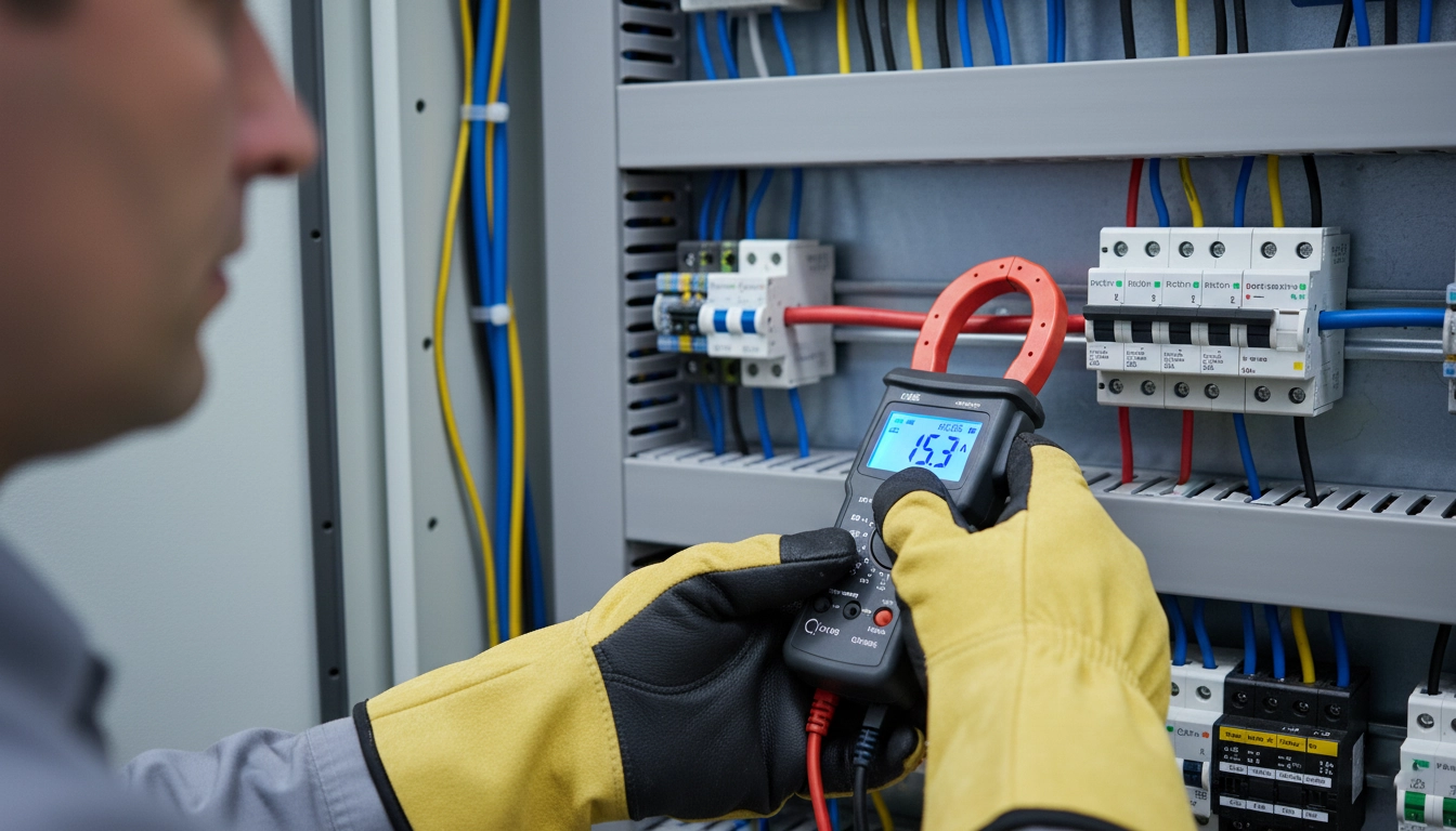 تکنسین برق در حال اندازه‌گیری جریان با آمپرمتر کلمپی در تابلو برق صنعتی