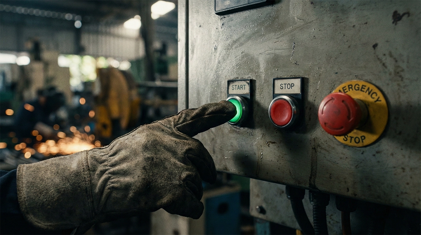 اپراتور در حال فشار دادن شستی استارت سبز روی تابلو برق صنعتی