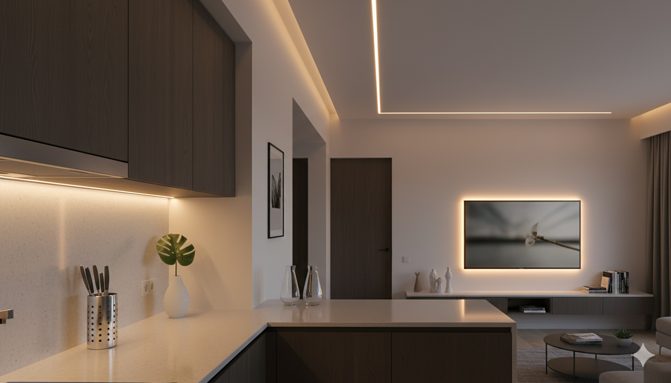 نورپردازی دکوراتیو با ریسه و نور مخفی LED در کناف یا زیر کابینت