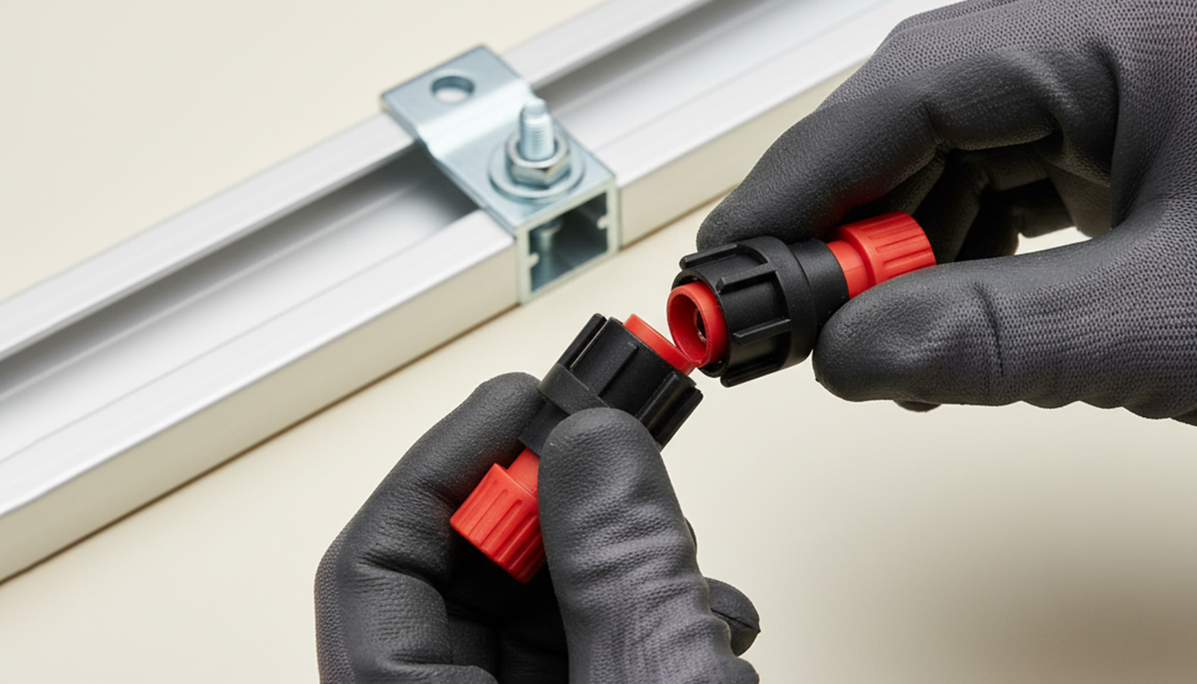 کانکتور MC4 متصل به کابل خورشیدی در کنار ریل و بست نصب پنل