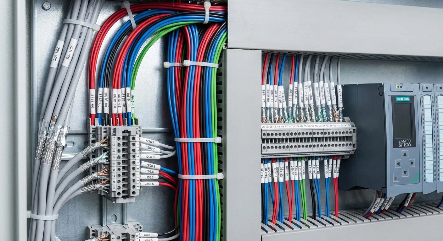 یم‌کشی منظم کابل فرمان و شیلددار در تابلو کنترل PLC صنعتی برای اتوماسیون