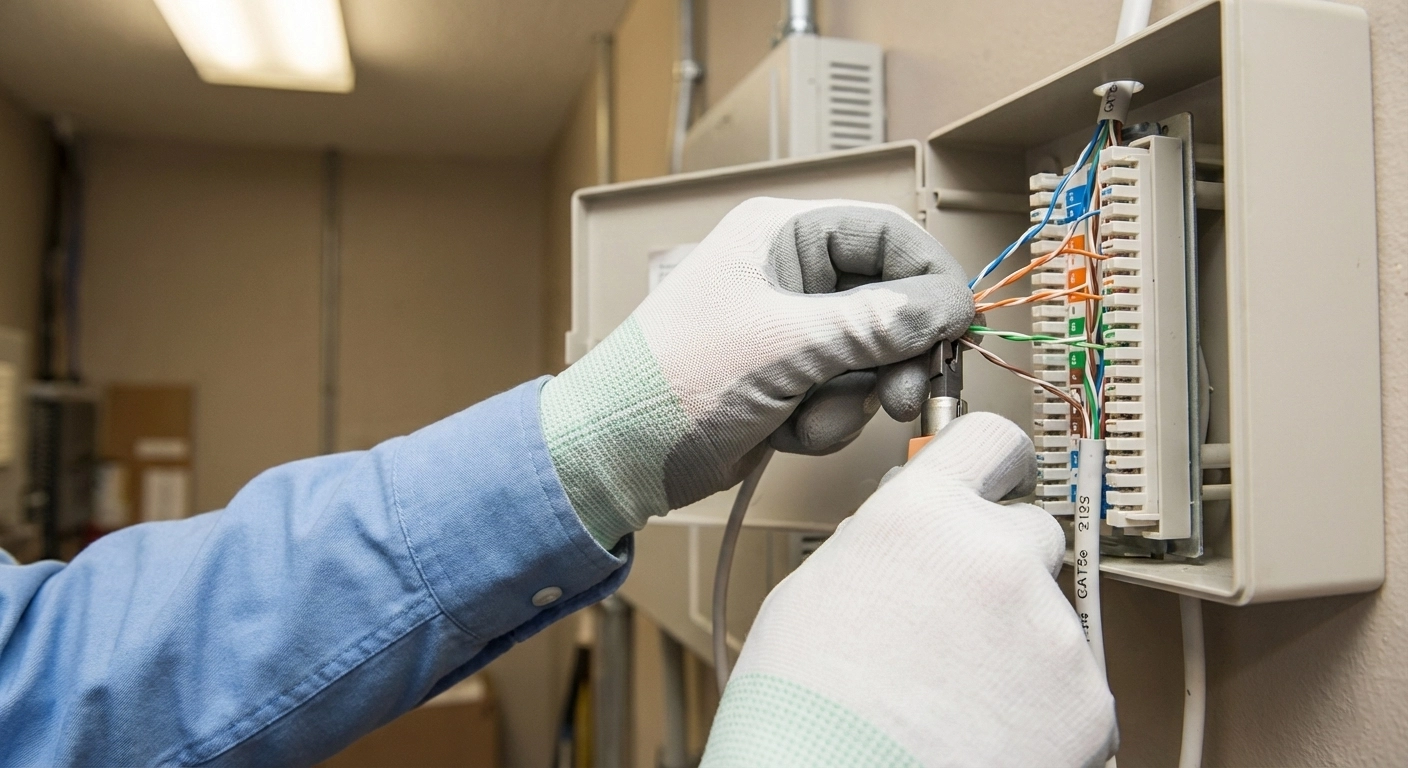 کابل زوجی تلفن یا آیفون با رشته‌های تابیده شده در حال اتصال به پریز یا پنل مخابراتی