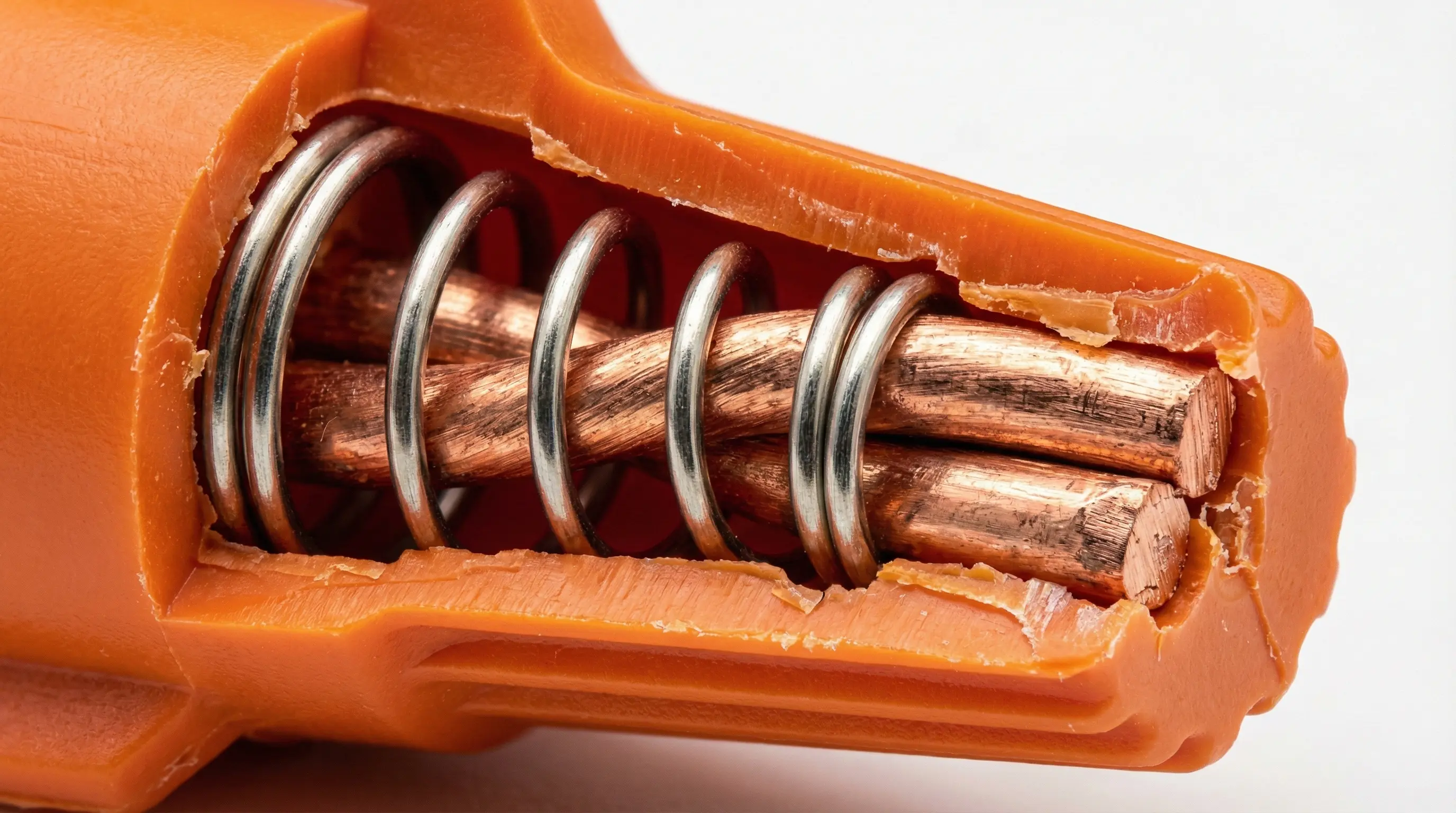 نمای نزدیک و برشخورده از داخل کانکتور پیچی نشاندهنده عملکرد فنر فلزی در اتصال سیمهای مسی