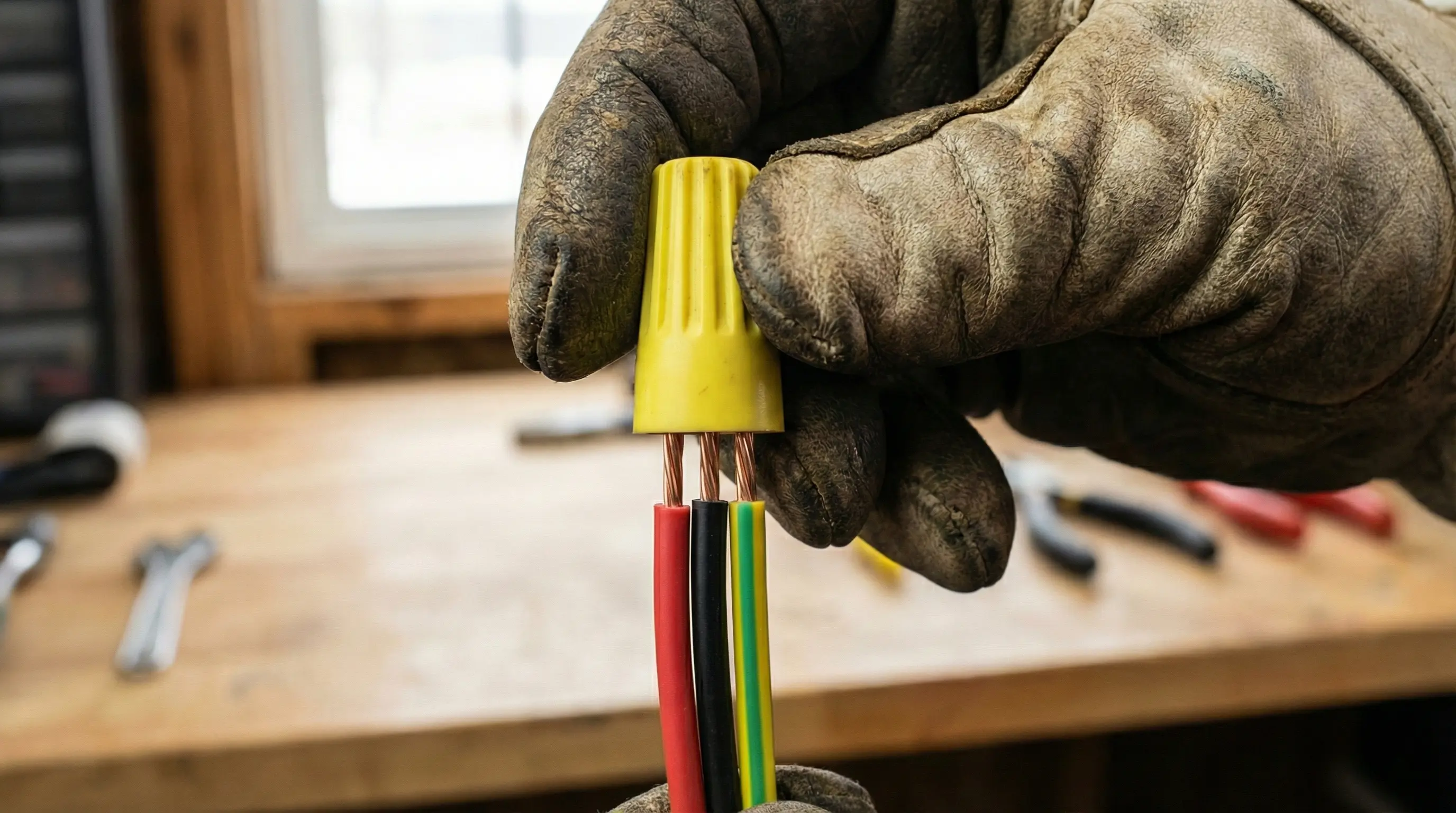 نصب دستی کانکتور پیچی زرد رنگ روی سیمهای مسی لخت شده توسط برقکار