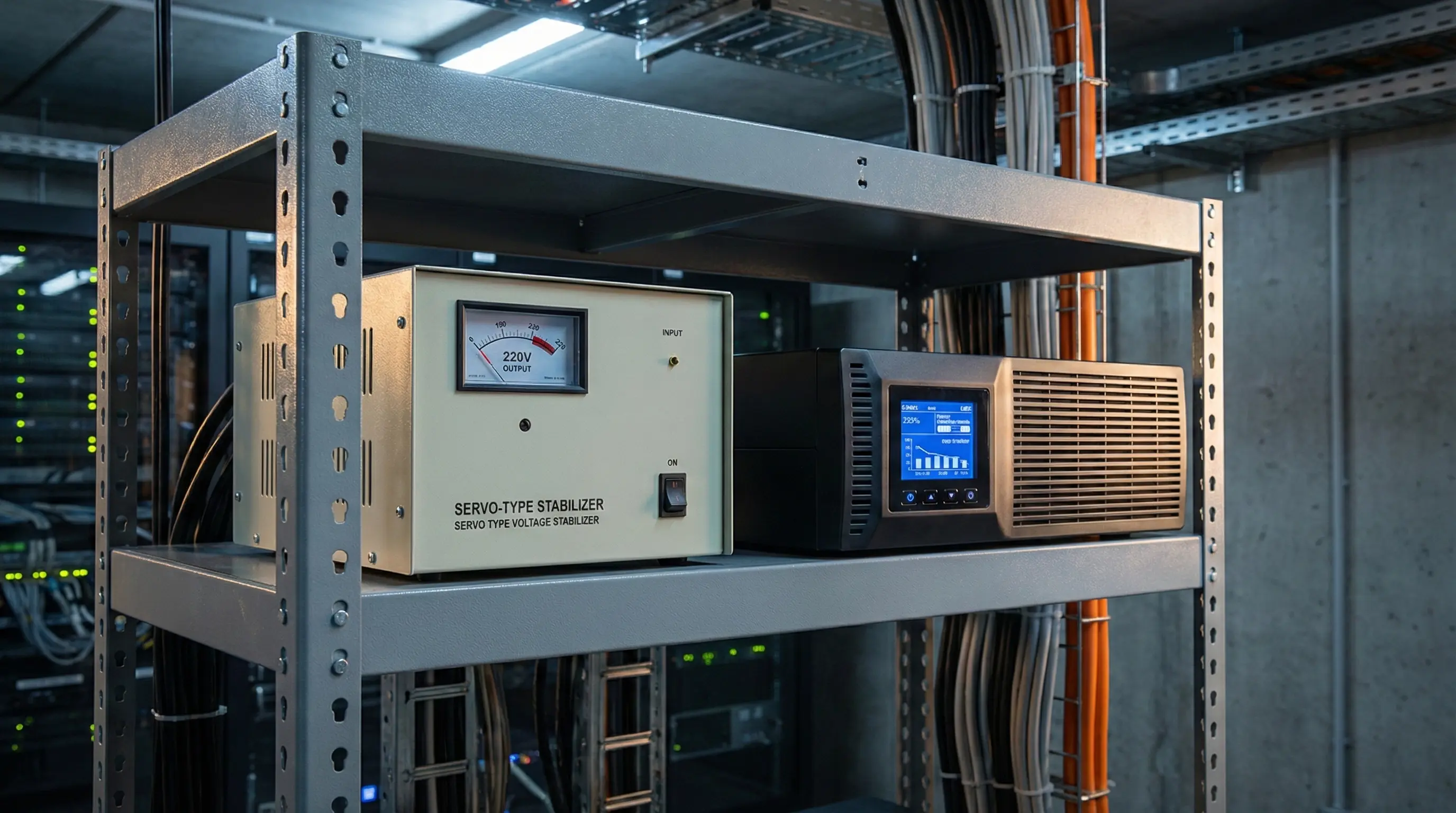 تفاوت ظاهری دستگاه یو پی اس و استابلایزر سروو موتوری تکام در رک صنعتی