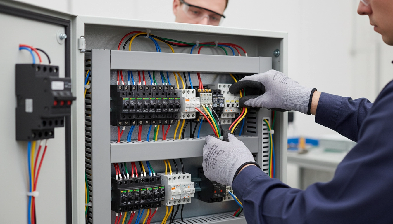 برق‌کار در حال سیم‌کشی منظم و استاندارد تابلو برق صنعتی با انواع سیم‌ها و متعلقات