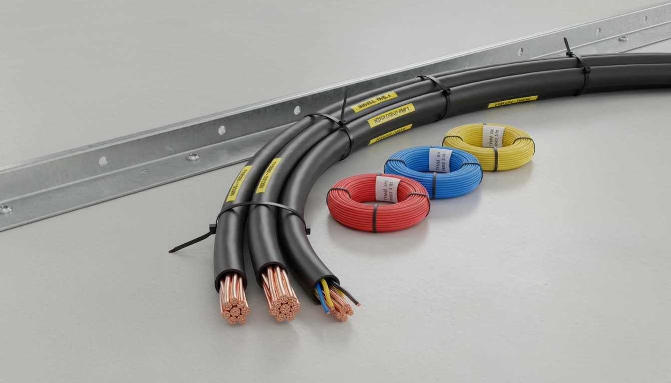 دسته‌ای از کابل‌های قدرت و سیم‌های ساختمانی استاندارد آماده برای نصب در پروژه برق صنعتی