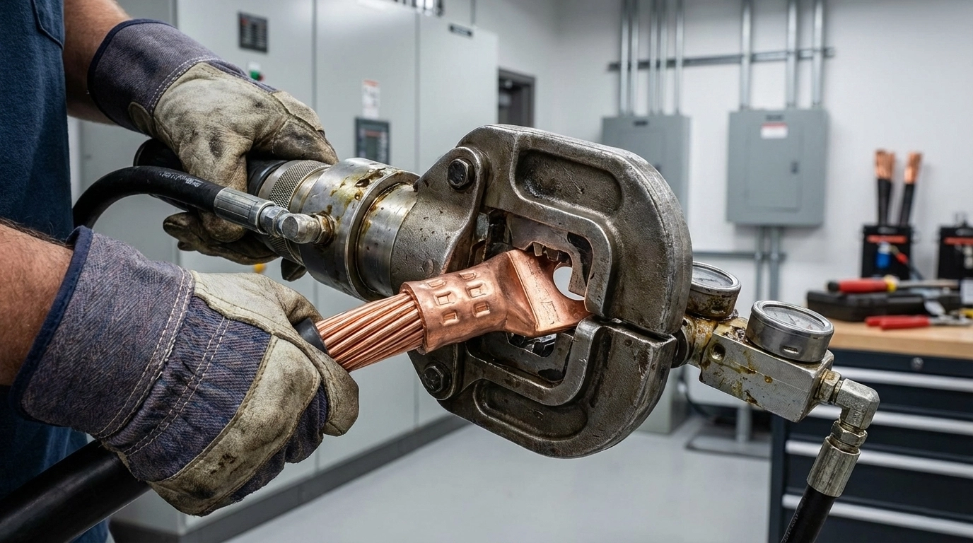 پرس کردن کابلشو مسی روی کابل قدرت با ابزار پرس هیدرولیک برای اتصال ایمن