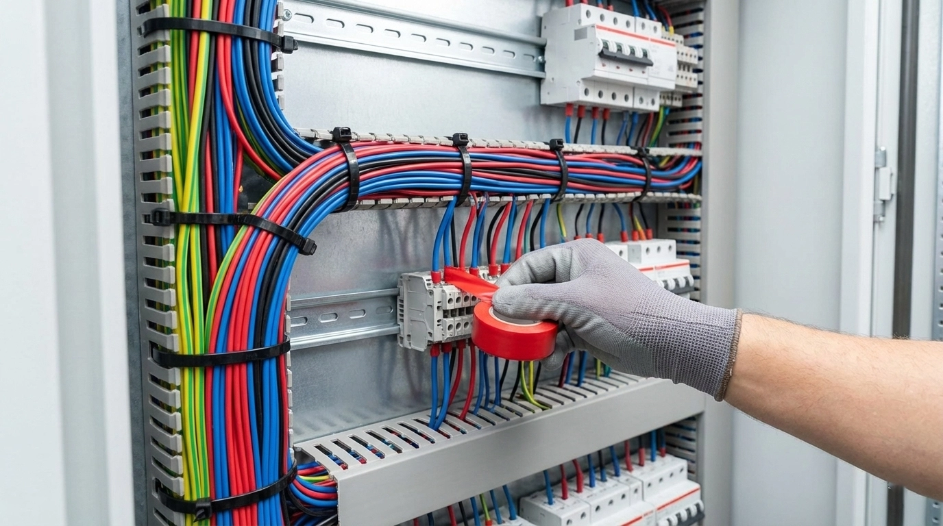 مرتب‌سازی سیم‌ها با بست کمربندی و عایق‌کاری با چسب برق در تابلو برق
