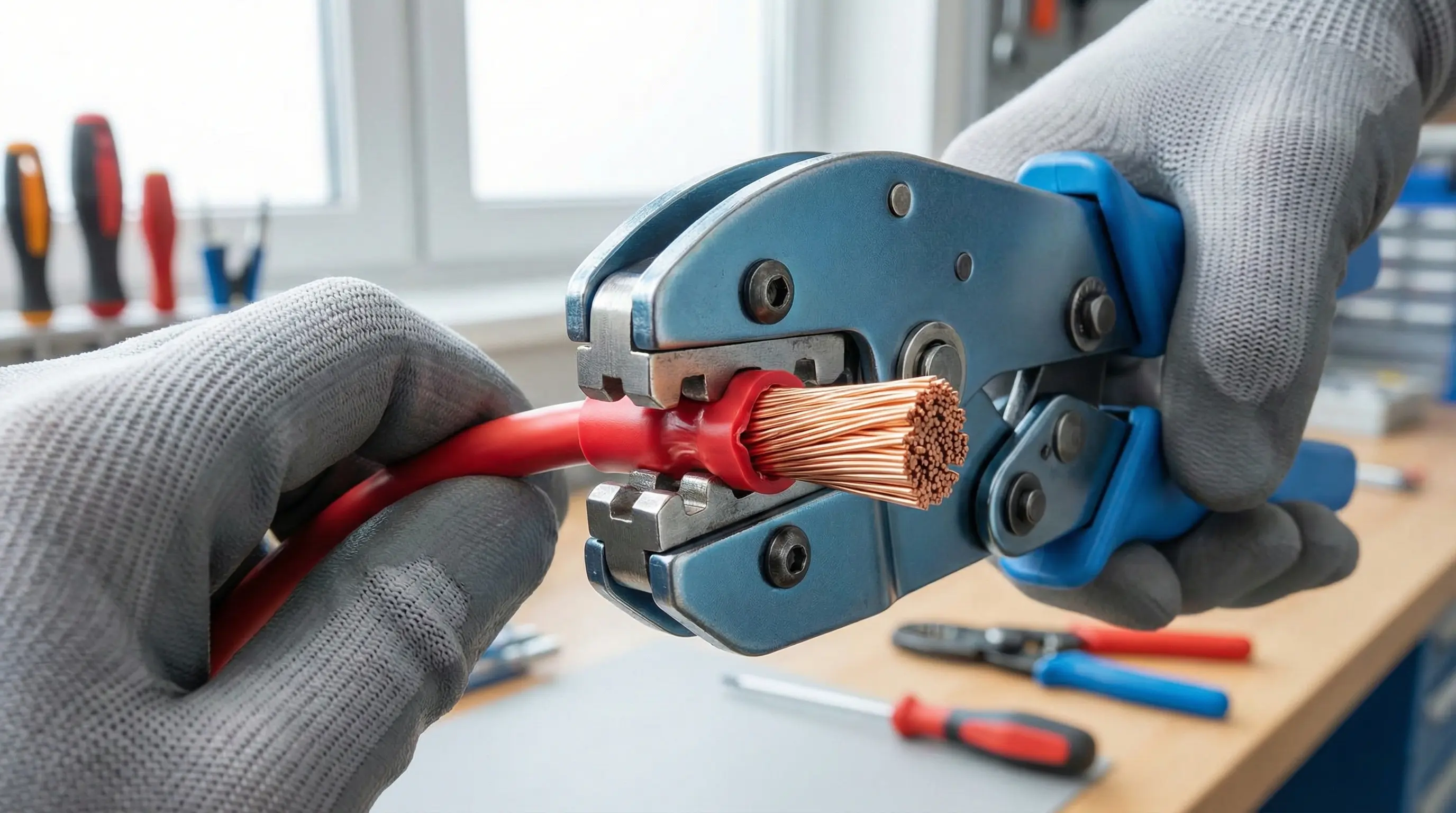 پرس کردن وایرشو روکشدار قرمز روی سیم افشان با ابزار پرس دستی