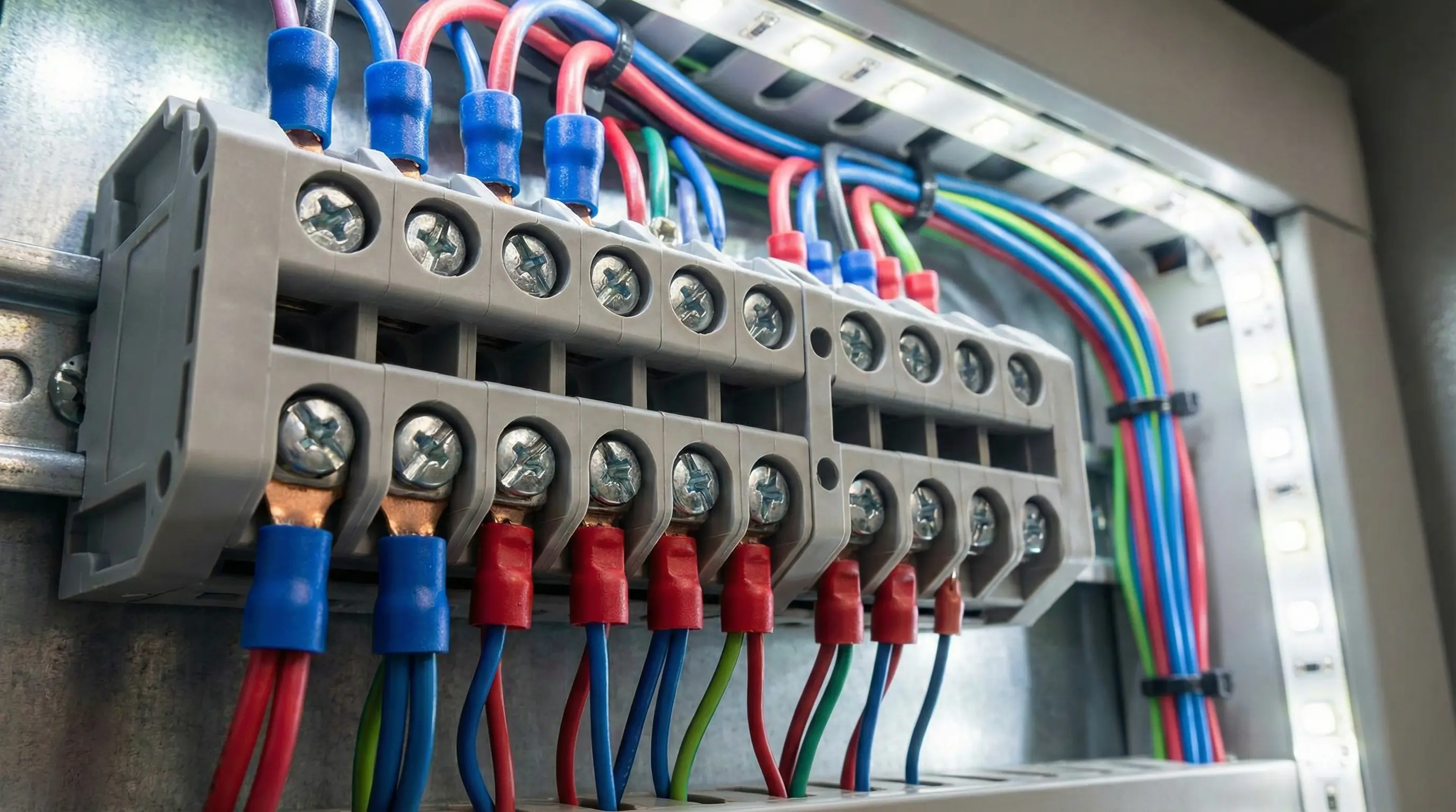 اتصال سیمها با سرسیمهای حلقوی و دوشاخ روکشدار رنگی به ترمینال بلاک در تابلو برق