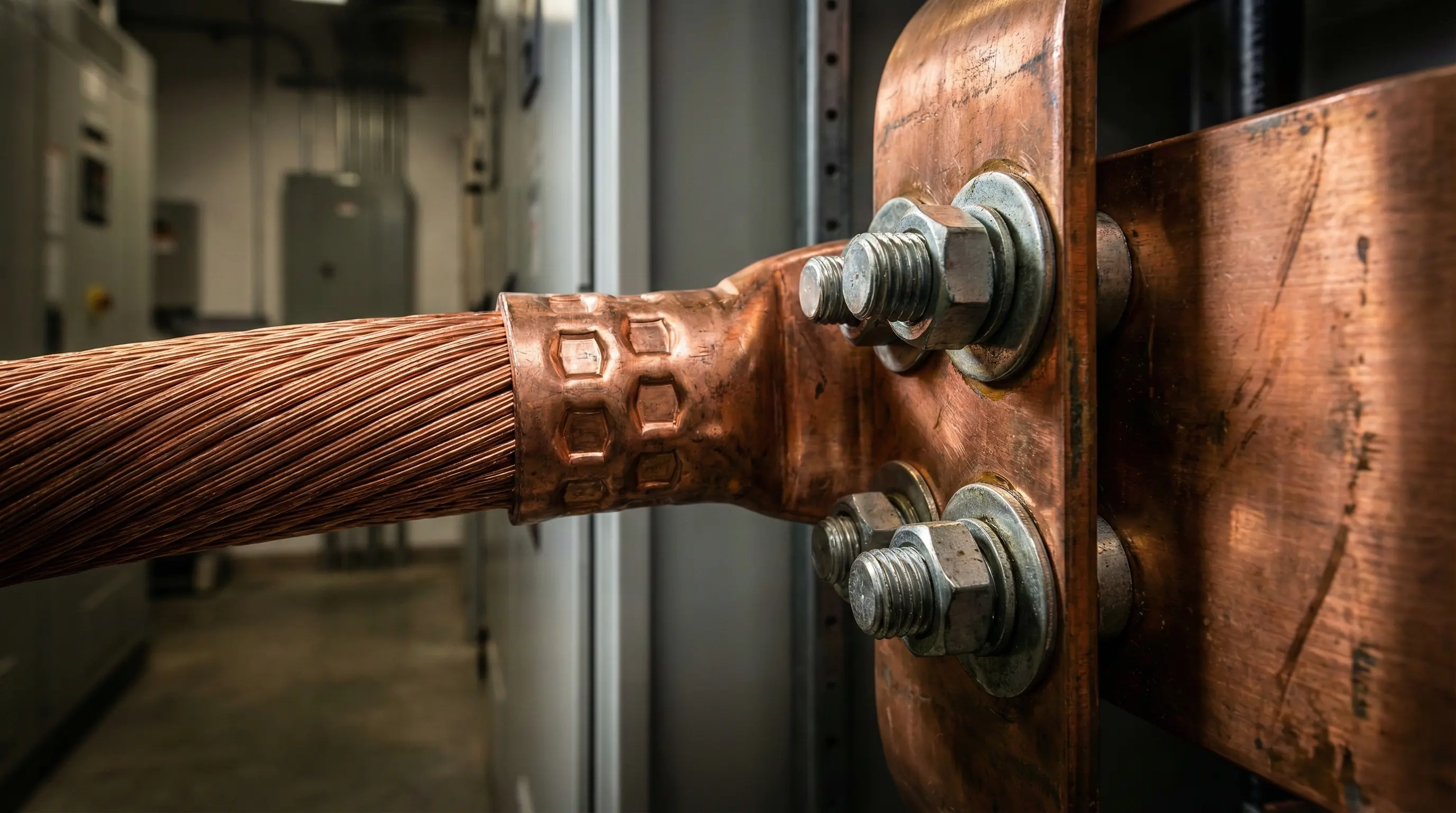 اتصال کابل قدرت مسی با کابلشو پرسی بزرگ به شینه مسی اصلی در تابلو توزیع