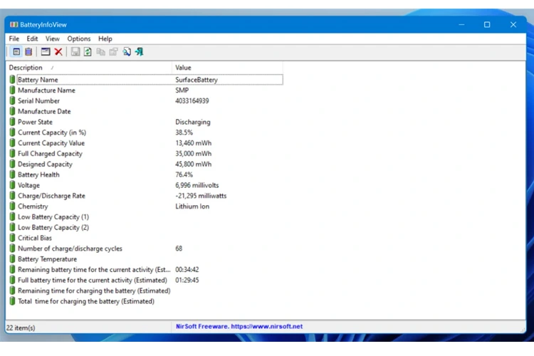 آموزش نرم افزار NirSoft BatteryInfoView