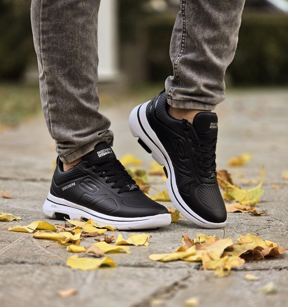 حراج واقعی کفش کتونی اسپرت مردانه و پسرانه مدل اسکیچرز رنگ  مشکی زیره سفید زیره پیو راحت و شیک   با ارسال رایگان