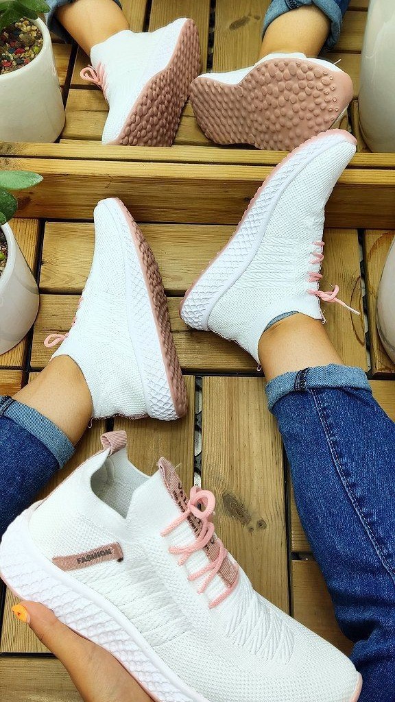 حراج  بزرگ کفش اسپرت و پیاده روی  زنانه جورابی مدل FASHION سفید صورتی کد4345با ارسال رایگان