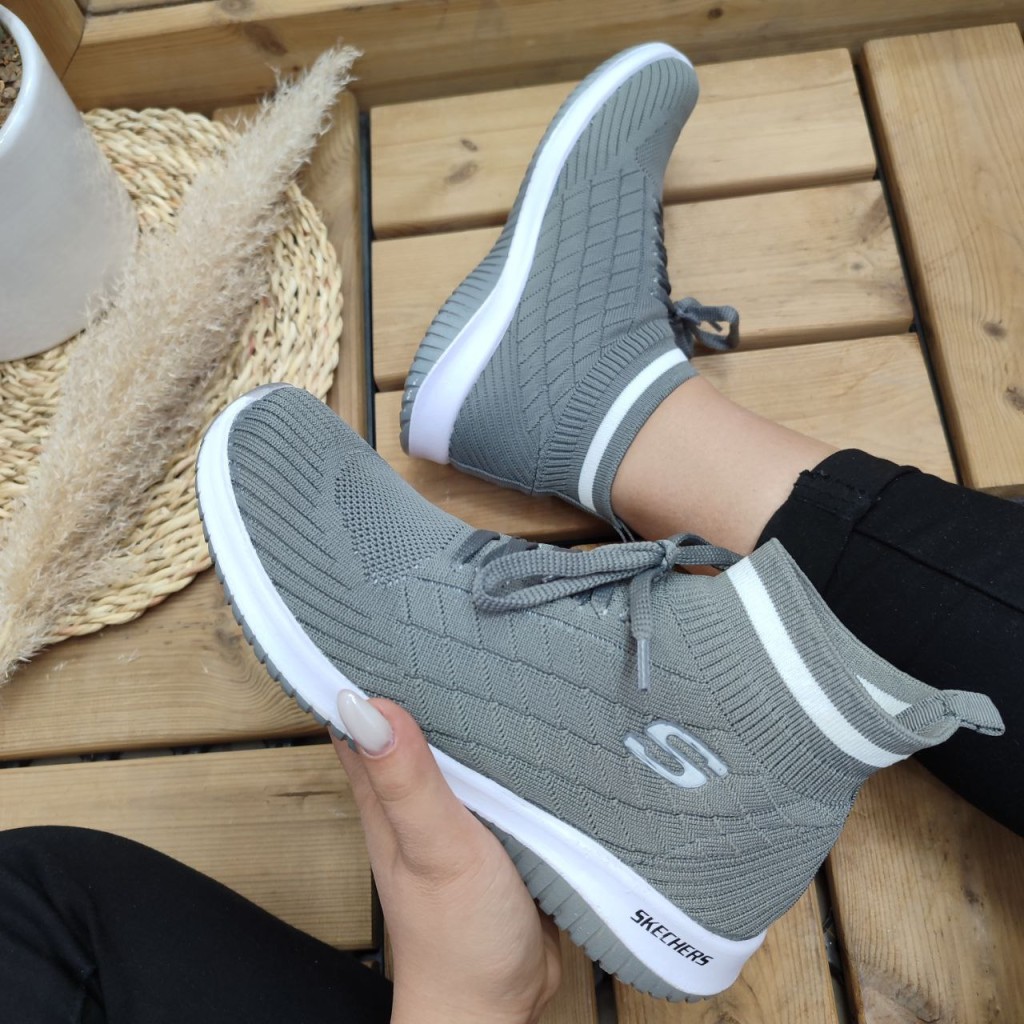 فروش فوق العاده کفش اسپرت و پیاده روی ساقدار زنانه دخترانه مدل اسکیچرز طوسی سفید با ارسال رایگان