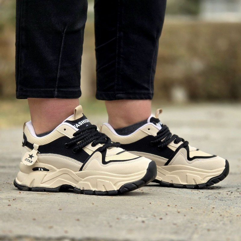 حراج واقعی کفش اسپرت زنانه مدل  Fashion Star  پرفروش و پرطرفدار رنگ کرم مشکی باارسال رایگان