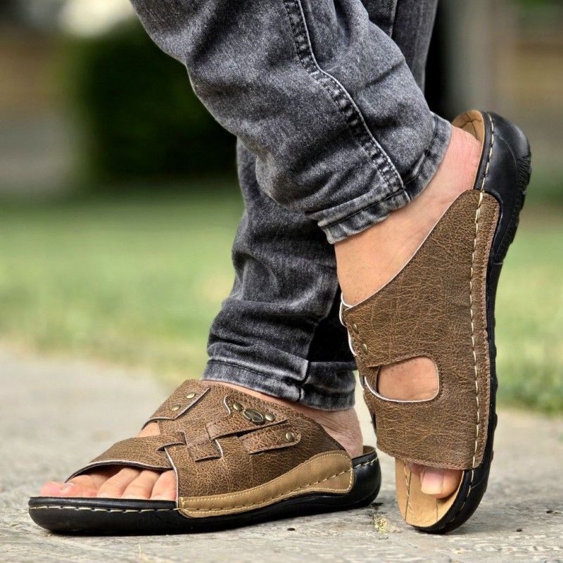 فروش بی نظیر دمپایی صندل  مردانه طبی با طرحی خاص و زیبا رنگ قهوه ای  با ارسال رایگان