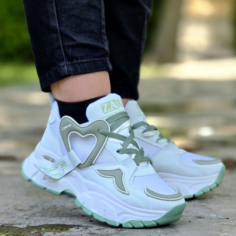 حراج بی نظیر  کفش اسپرت دخترانه زنانه قلبی مدل زارا zara بسیار جذاب رنگ سفیدسبز با ارسال رایگان