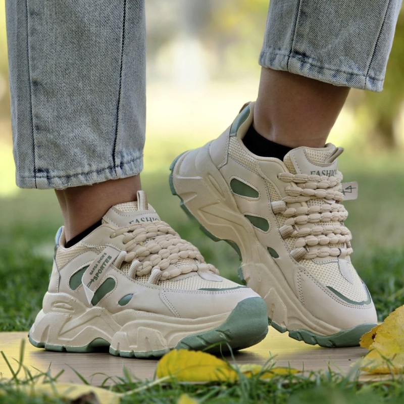 حراج بی نظیر کفش اسپرت زنانه مدل فشیون تسبیحی  شیک و خاص رنگ کرم سبز باارسال رایگان