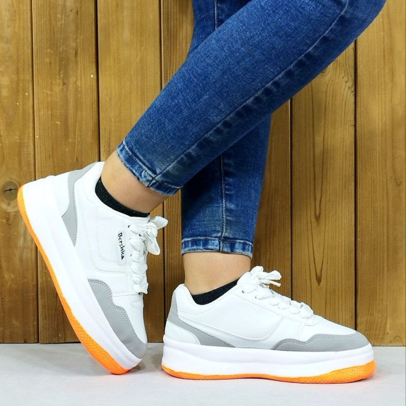 کفش اسپرت کتونی زنانه دخترانه مدل خاص برشکا سفید زیره نارنجی کد4553