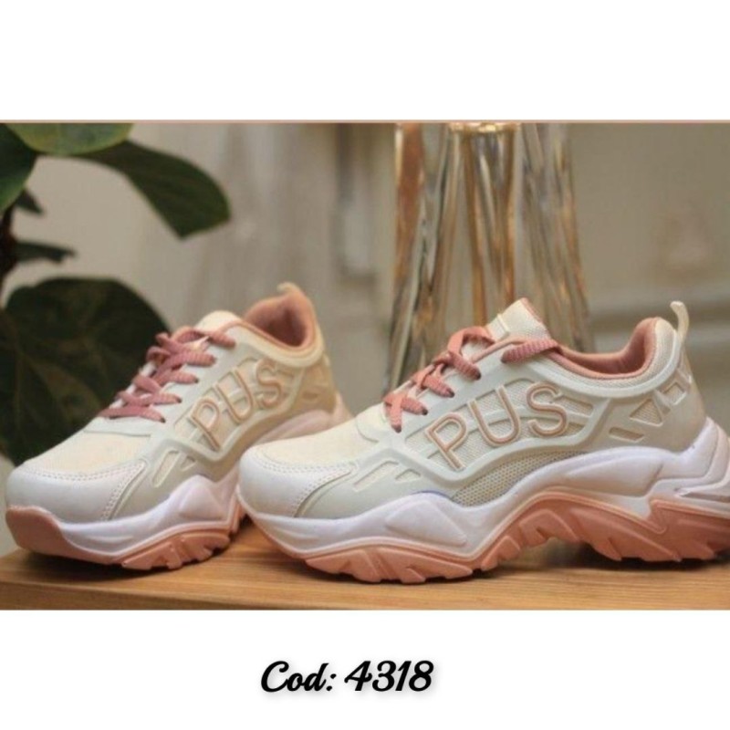 کفش اسپرت کتونی دخترانه زنانه مدل PUS  با کیفیت و شیک رنگ  سفید کالباسی  کد 4318