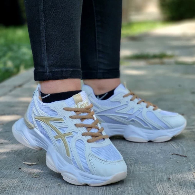 کفش اسپرت دخترانه زنانه مدل اسیکس زیبا و خوش فرم سفید کرم با ارسال رایگان