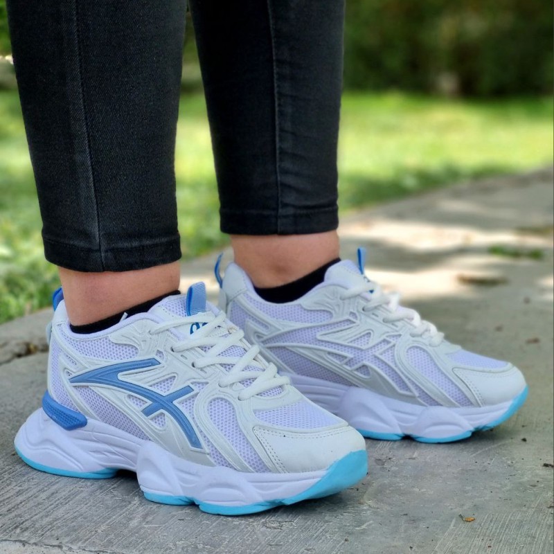 حراج ویژه کفش اسپرت دخترانه زنانه مدل اسیکس زیبا و خوش فرم سفید ابی با ارسال رایگان