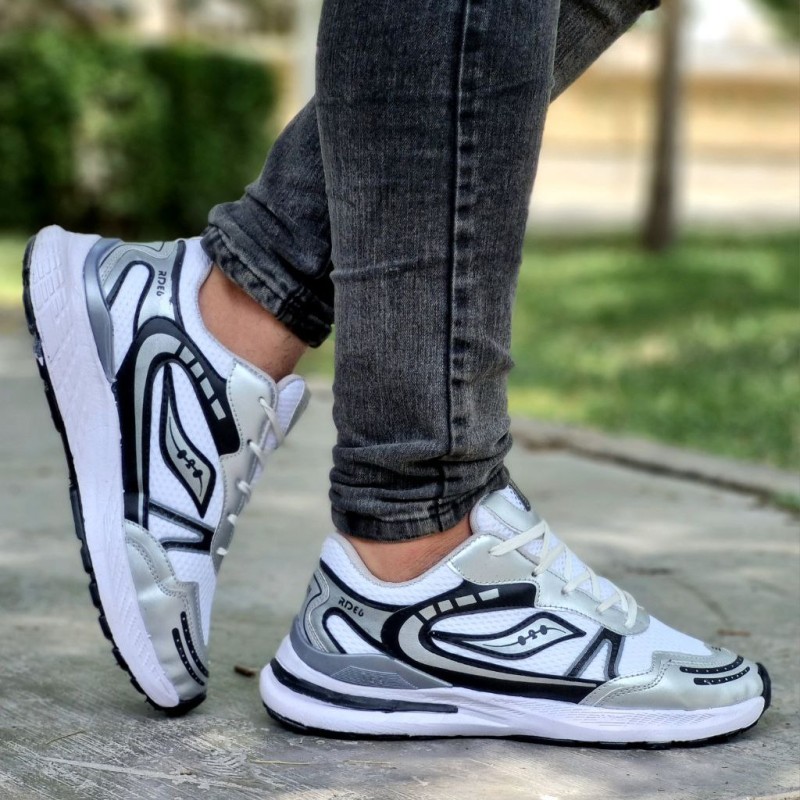 حراج ویژه کفش کتونی اسپرت مردانه مدل ساکونی  زیره پیو راحت رنگ سفید نقره ای زیبا و خوش پا ارسال رایگان