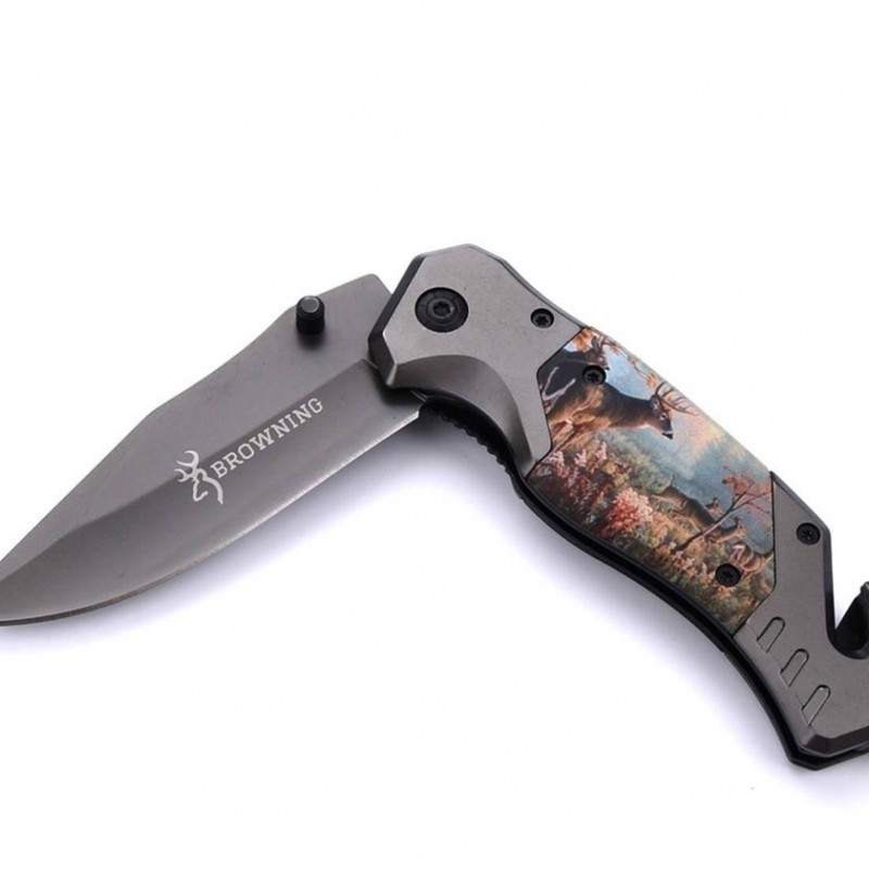 چاقو شکاری تاشو برند برونینگ سایز متوسط تیغه زد زنگ طرح گوزن