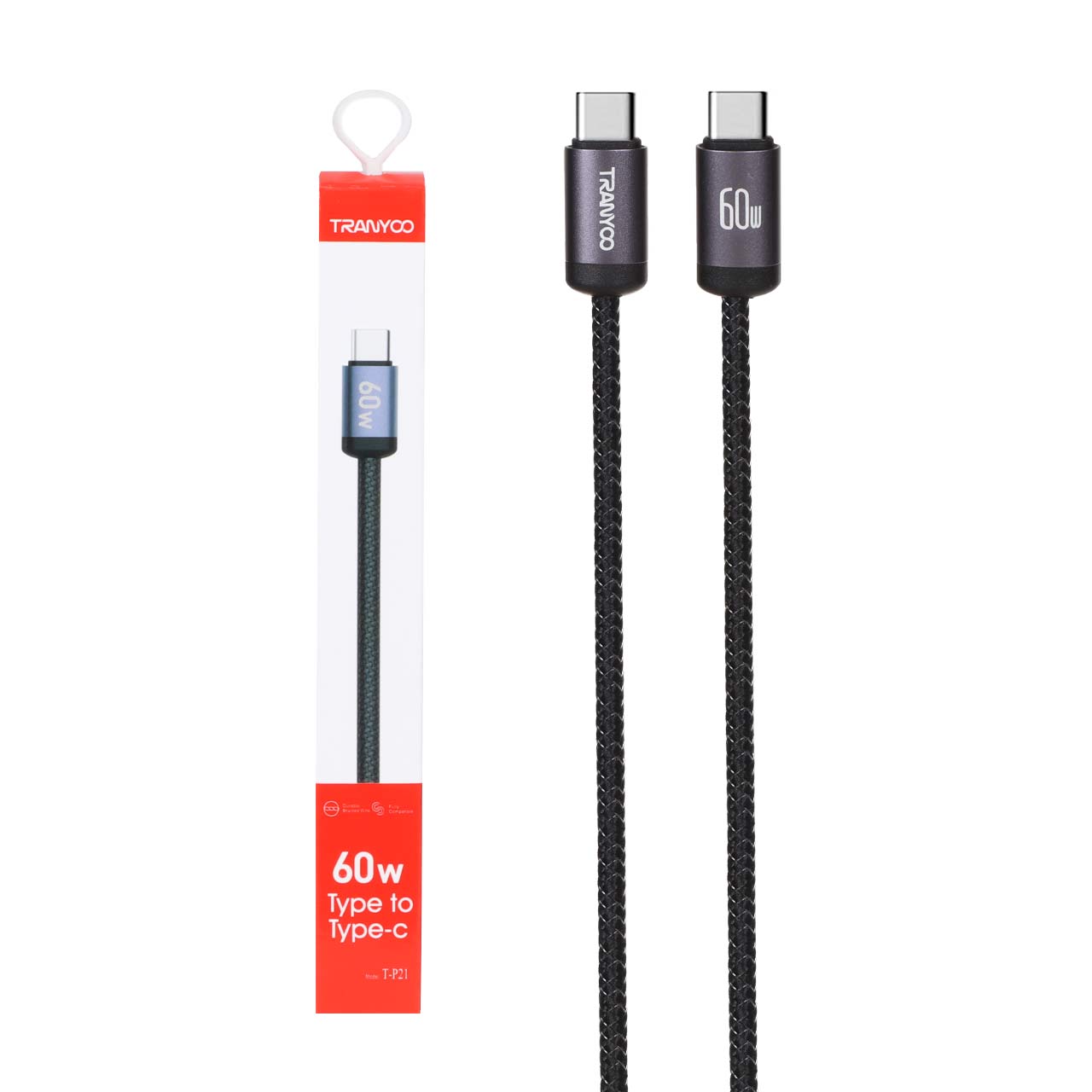 کابل شارژ فست TRANYOO Type-C to Type-C مدل T-P21 - مشکی