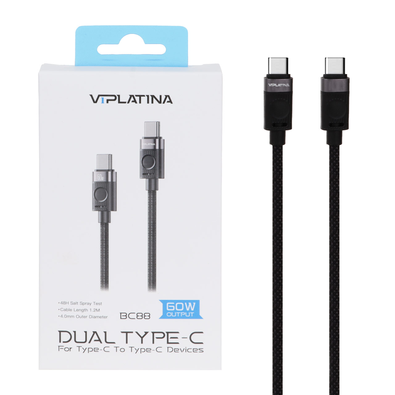 کابل شارژ فست VIPLATINA Type-C To Type-C مدل BC88 60W - مشکی