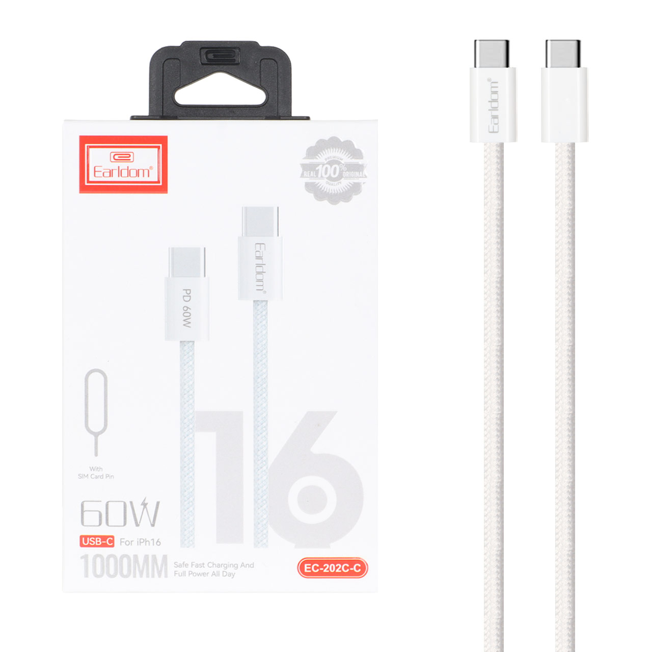 کابل شارژ PD و فست Earldom Type-C to Type-C مدل EC-202C-C 60W - سفید