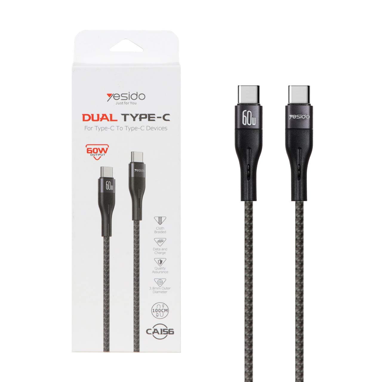 کابل شارژ فست Yesido Type-C to Type-C مدل CA156 - مشکی