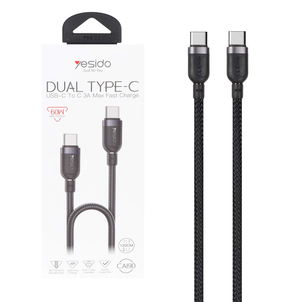 کابل شارژ فست 1.2 متری Yesido Type-C To Type-C مدل CA190 60W - مشکی