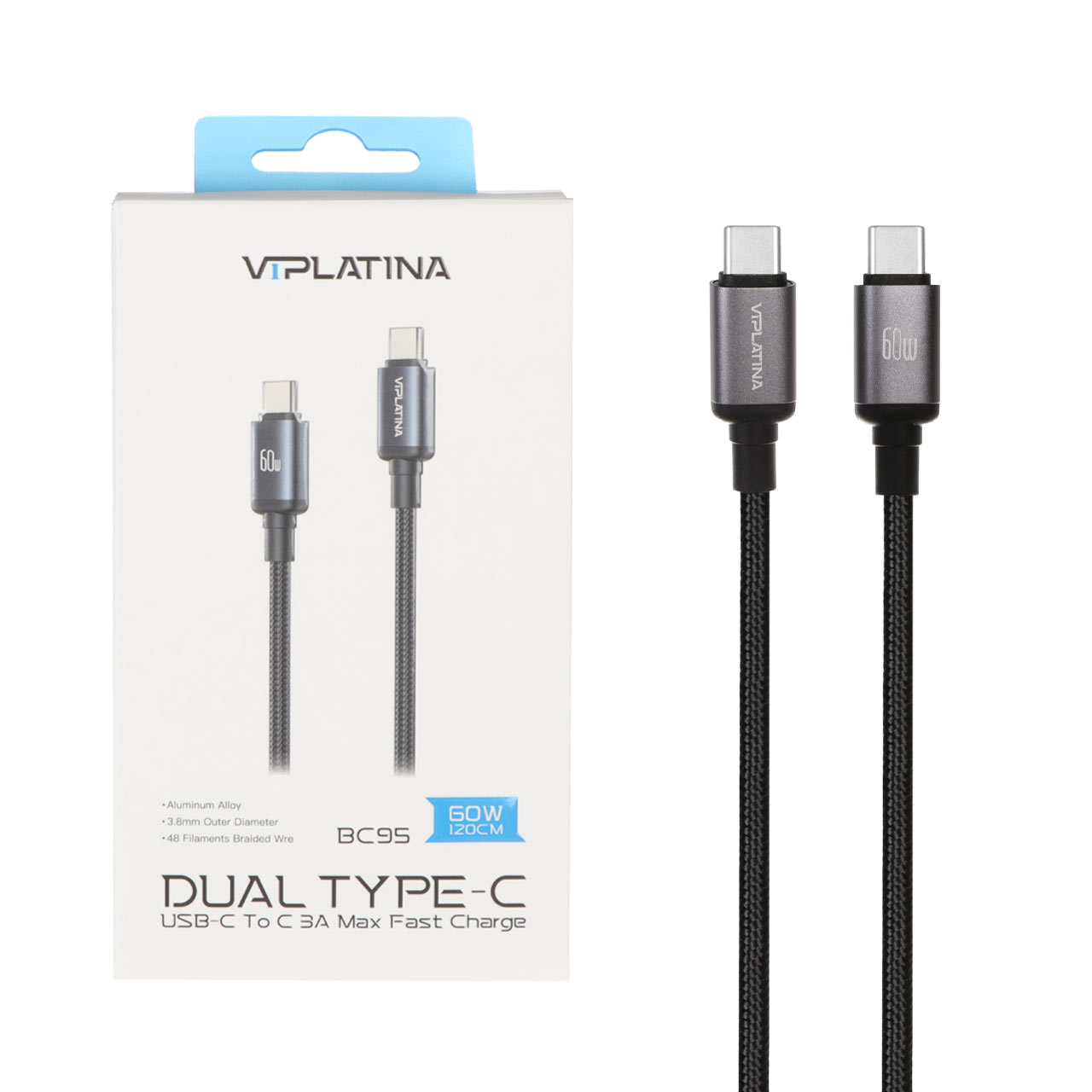 کابل شارژ فست 1.2 متری VIPLATINA Type-C To Type-C مدل BC95 60W - مشکی