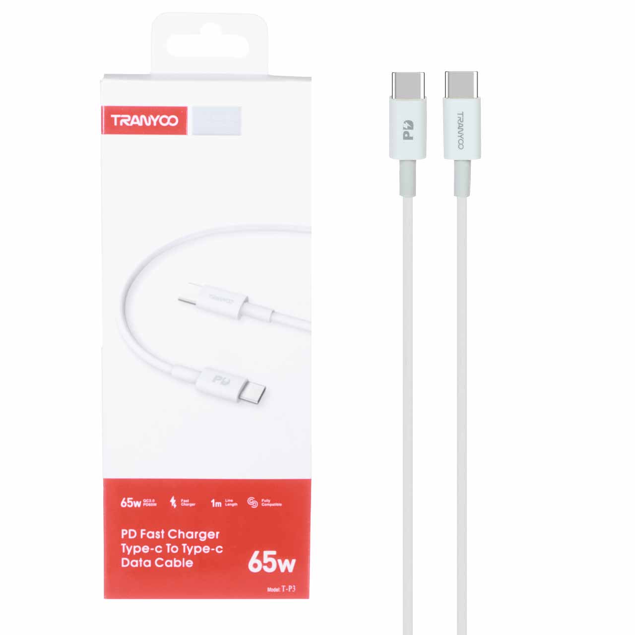 کابل شارژ PD و فست TRANYOO Type-C To Type-C 65W مدل T-P3 - سفید