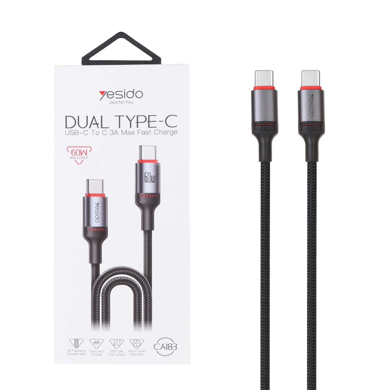 کابل شارژ 2 متری فست Yesido Type-C To Type-C مدل CA183 60W - مشکی