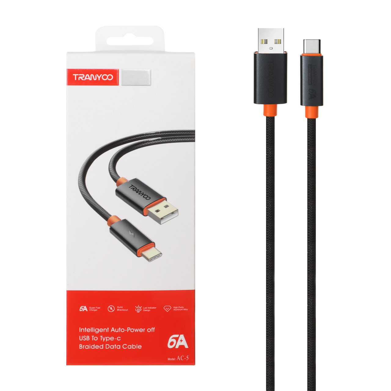 کابل شارژ 1.2 متری فست Tranyoo Type-C مدل AC-5 - مشکی
