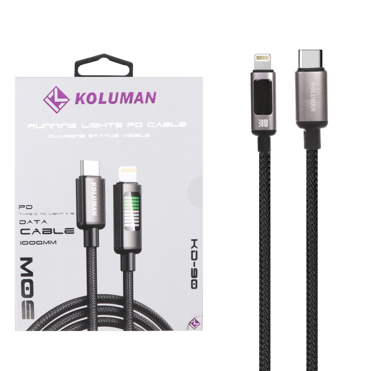 کابل شارژ فست و Koluman Type-C to Lightning PD مدل KD-90 30W - مشکی (گارانتی یکساله PMC)