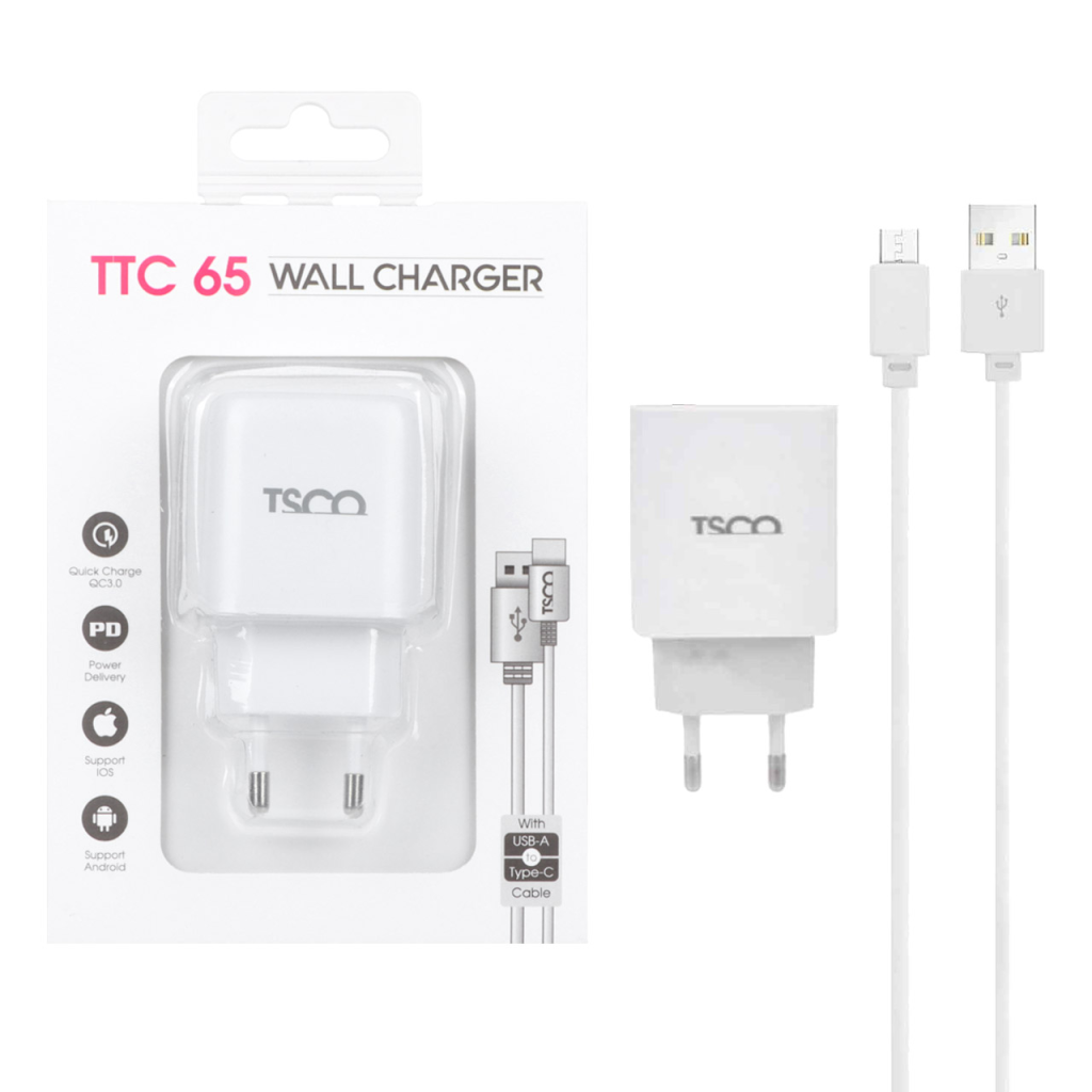 شارژر دیواری PD و فست دو پورت 20 وات TSCO مدل TTC 65 همراه با کابل شارژ TYPE-C - سفید