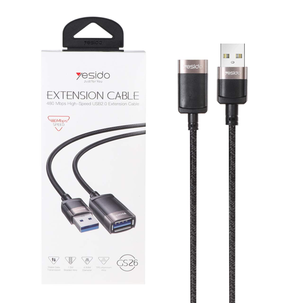 کابل افزایش طول 1.5 متری Yesido USB2.0 مدل GS26 - مشکی (گارانتی 18 ماه تعویض نیکان همراه)