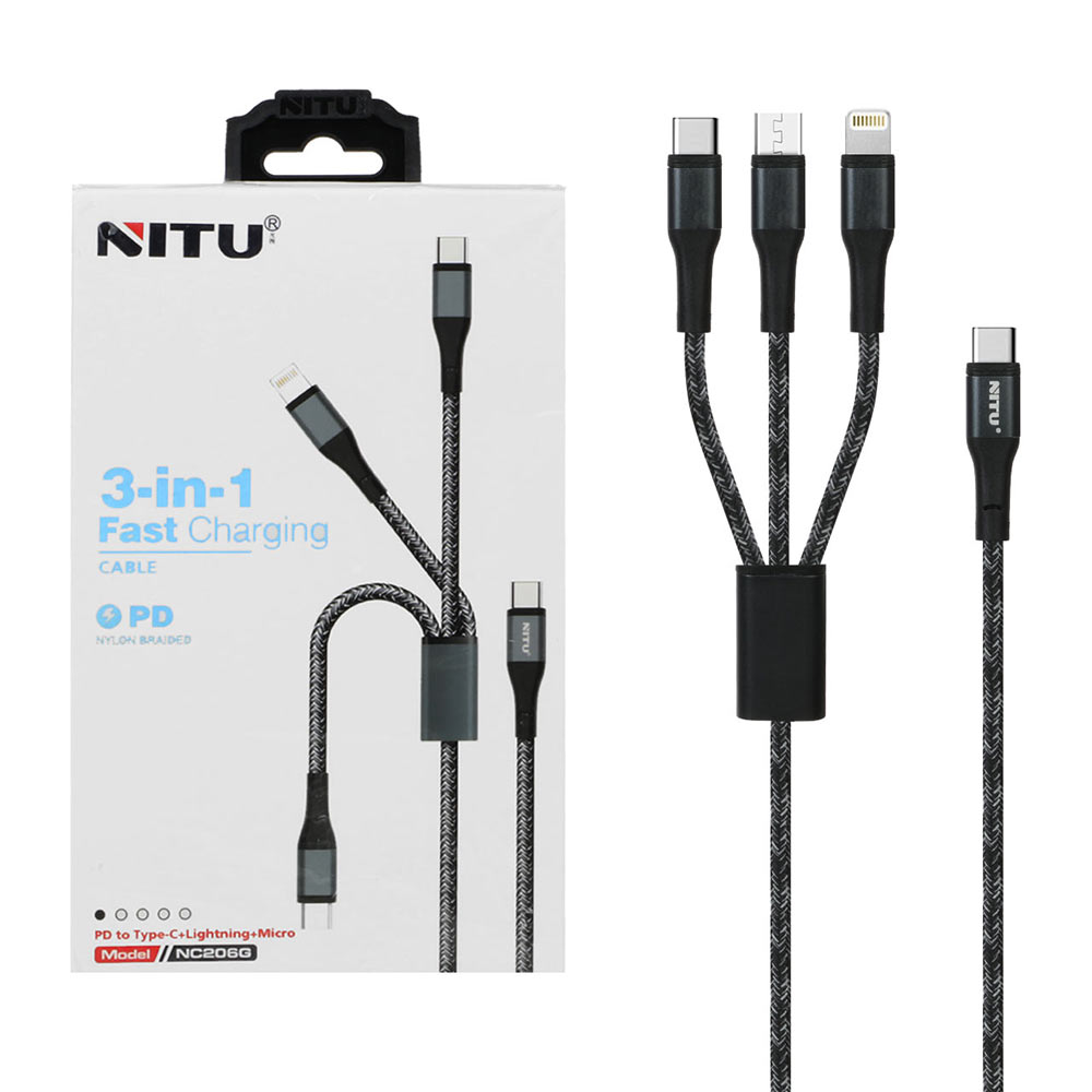 کابل شارژ و دیتا PD و فست 1.2متری سه کاره NITU مدل NC206G - مشکی سفید (گارانتی 18 ماه تعویض نیکان همراه)