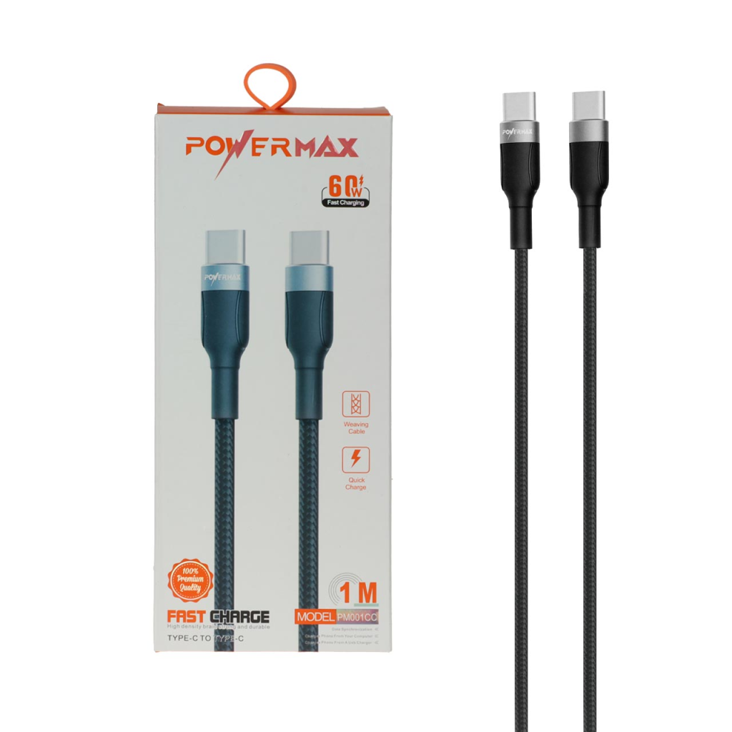 کابل شارژ فست Power Max Type-C To Type-C مدل PM001CC 60W - مشکی