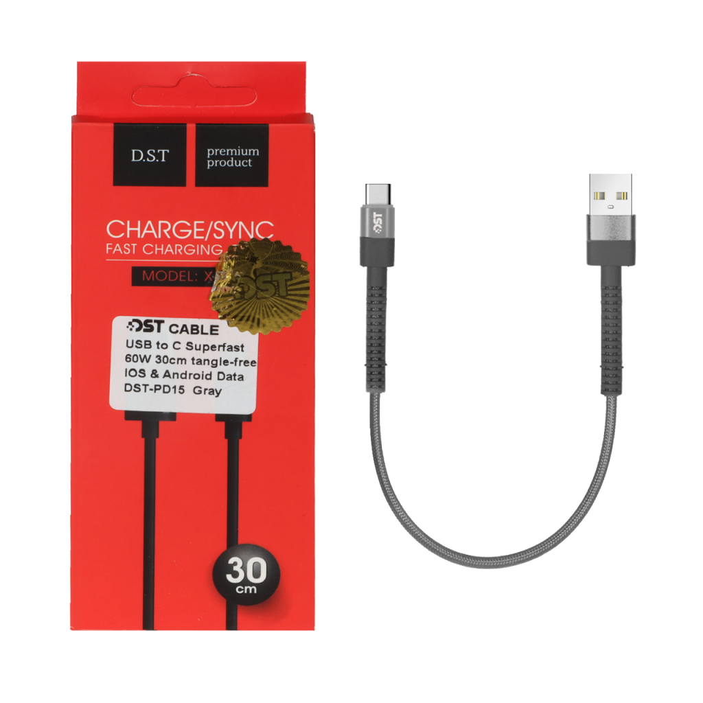 کابل شارژ PD و فست 30 سانتی پاوربانک Type-C مدل X-15 60W - خاکستری - DST (گارانتی شش ماهه)