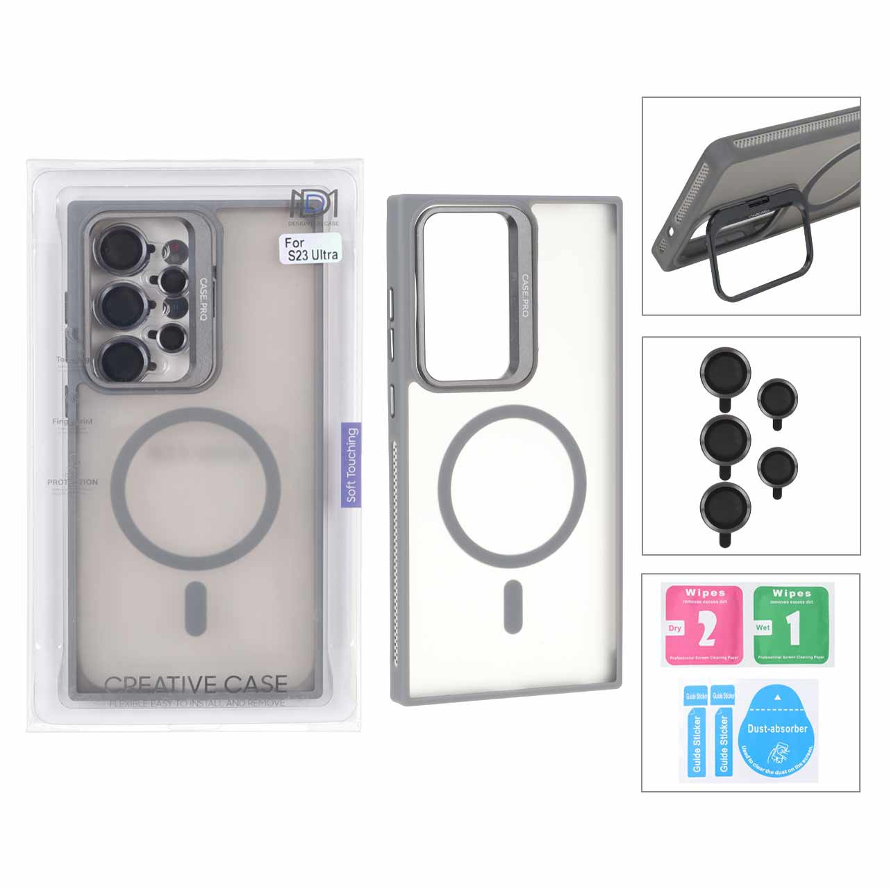 قاب Case Pro لنز آلومینیومی مات Magsafe با ست محافظ لنز رینگی مدل Samsung Galaxy S23 Ultra - خاکستری (پک دار)