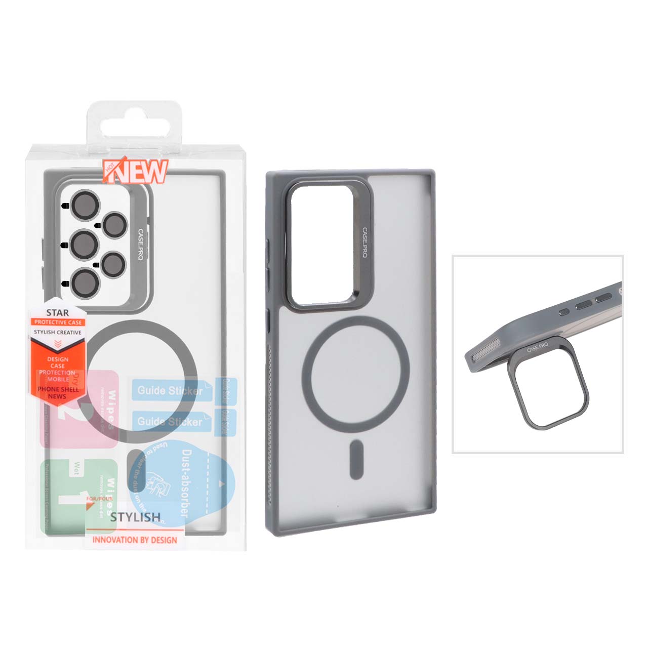 قاب Case Pro لنز آلومینیومی مات Magsafe با ست محافظ لنز رینگی مدل Samsung Galaxy S24 Ultra - خاکستری (پک دار)